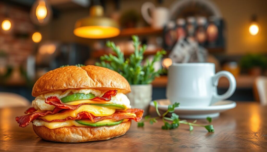 A mouthwatering breakfast sandwich sits prominently in the foreground, showcasing layers of fluffy scrambled eggs, crispy bacon, fresh avocado slices, and melted cheese, all nestled between a perfectly toasted brioche bun. The sandwich is garnished with a sprinkle of fresh herbs, adding a pop of color. In the middle ground, a rustic wooden table is adorned with a vibrant green plant and a steaming cup of freshly brewed coffee, hinting at a cozy cafe atmosphere. The background features a softly blurred coffee bar, with warm pendant lighting casting a golden hue, creating an inviting ambiance. The overall mood is comforting and homely, perfect for a morning meal, with a close-up angle that emphasizes the delicious textures and colors of the sandwich.