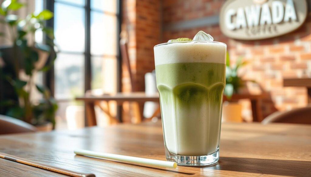 A refreshing iced matcha latte served in a clear, frosty glass, beautifully layered with vibrant green matcha and a creamy, frothy top. The drink is garnished with a sprinkle of matcha powder and a few ice cubes glistening in the sunlight. In the foreground, a delicate straw rests beside the glass. The middle ground features a rustic wooden table, enhancing the cozy atmosphere. In the background, a softly blurred Sawada Coffee setting with hints of brick walls and leafy plants creates a warm, inviting ambiance. Natural light filters in through a nearby window, casting gentle highlights and shadows. The overall mood is relaxed and soothing, perfect for enjoying a delicious iced matcha latte on a sunny day.