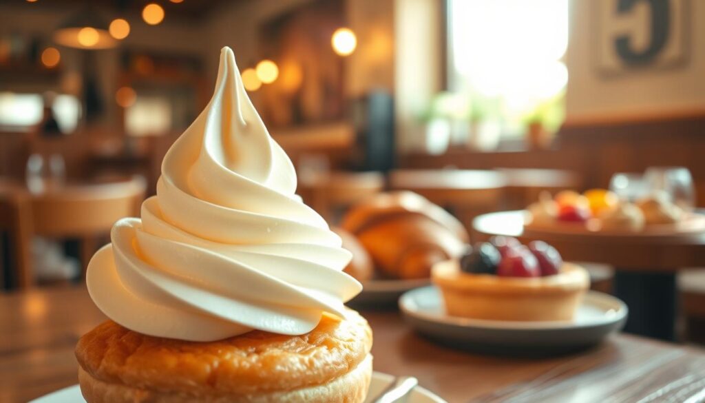 A rich, creamy swirl of vanilla whipped cream sits elegantly atop a delicate pastry, creating a mouthwatering focal point in the foreground. The whipped cream is fluffy and artfully piped, glistening with a hint of sunlight. In the middle ground, a selection of pastries — buttery croissants and fruit tarts — complement the whipped cream, showcasing vibrant colors and textures. The background features a warm, inviting coffee bistro setting with rustic wooden tables and warm lighting. Soft, diffused sunlight filters through a nearby window, casting gentle shadows and enhancing the cozy atmosphere. The scene evokes a sense of indulgence and comfort, ideal for a bistro menu display focused on pastries and desserts. The overall composition invites viewers to savor the sweetness of the moment, with an emphasis on taste and enjoyment. A rich, creamy swirl of vanilla whipped cream sits elegantly atop a delicate pastry, creating a mouthwatering focal point in the foreground. The whipped cream is fluffy and artfully piped, glistening with a hint of sunlight. In the middle ground, a selection of pastries — buttery croissants and fruit tarts — complement the whipped cream, showcasing vibrant colors and textures. The background features a warm, inviting coffee bistro setting with rustic wooden tables and warm lighting. Soft, diffused sunlight filters through a nearby window, casting gentle shadows and enhancing the cozy atmosphere. The scene evokes a sense of indulgence and comfort, ideal for a bistro menu display focused on pastries and desserts. The overall composition invites viewers to savor the sweetness of the moment, with an emphasis on taste and enjoyment.