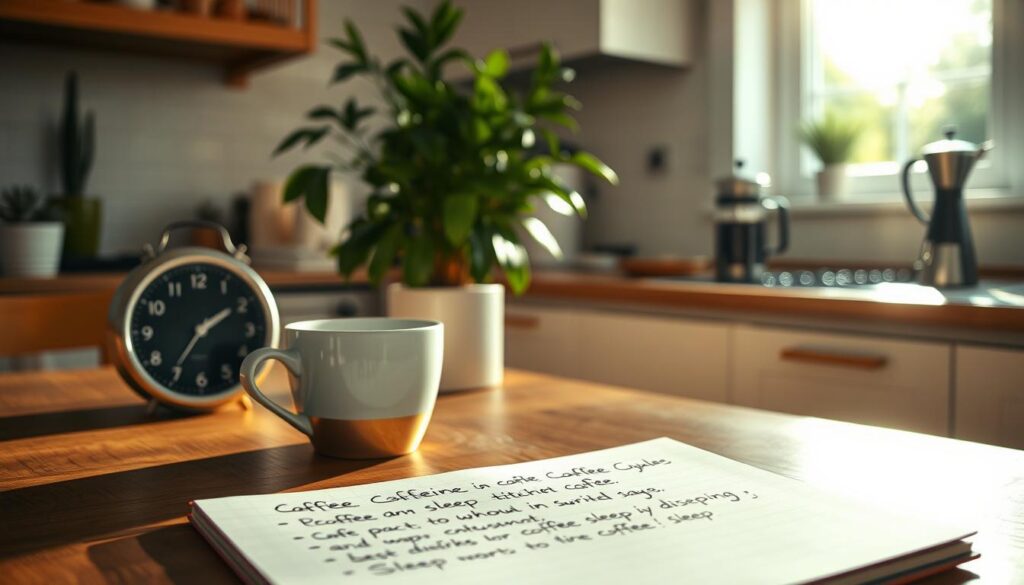 A serene morning scene in a cozy home kitchen, illuminated by soft, natural light filtering through a window. In the foreground, a stylish coffee cup sits atop a wooden table, steam gently rising from it. Beside the cup, a sleek clock displays 10:00 AM, suggesting optimal caffeine timing. In the middle, a notepad with scribbled notes on caffeine consumption and sleep cycles lies open. The background features a lush indoor plant and sunlit counter space filled with coffee beans and a French press, creating an inviting atmosphere. The overall mood is calm and reflective, emphasizing the importance of mindful caffeine consumption without disrupting sleep.