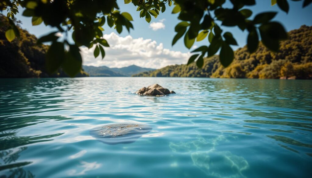 A serene water reservoir surrounded by lush greenery, showcasing tranquil water reflecting the sky above. In the foreground, a close-up of a crystal-clear reservoir, with gentle ripples indicating a soft breeze. The middle section features a few rocks partially submerged, enhancing the natural feel. In the background, distant hills rise softly against a blue sky, dotted with fluffy clouds. Soft, warm sunlight filters through the leaves, creating a peaceful atmosphere. The scene is viewed from a slightly elevated angle, capturing the expanse of water, while maintaining a focus on the reservoir's surface. The overall mood is calming and refreshing, evoking thoughts of cleanliness and rejuvenation, ideal for conveying the concept of maintenance and care.
