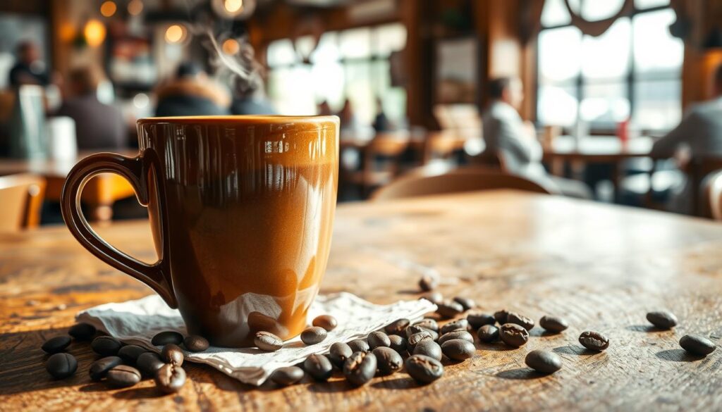 A steaming cup of coffee, also known as a "cup of joe," sits on a rustic wooden table, capturing the essence of comfort and warmth. The foreground features the glossy ceramic cup filled with rich, dark brew, surrounded by scattered coffee beans. In the middle, a simple, well-used diner-style napkin adds an inviting touch. The background showcases a softly blurred café scene with hints of sailors chatting and everyday people enjoying their coffee, depicted in North American diner aesthetic. Warm, natural lighting illuminates the scene, casting gentle shadows, and adding a cozy, relaxed atmosphere. The image is shot from a slightly elevated angle, emphasizing the cup and creating a sense of intimacy with the viewer.