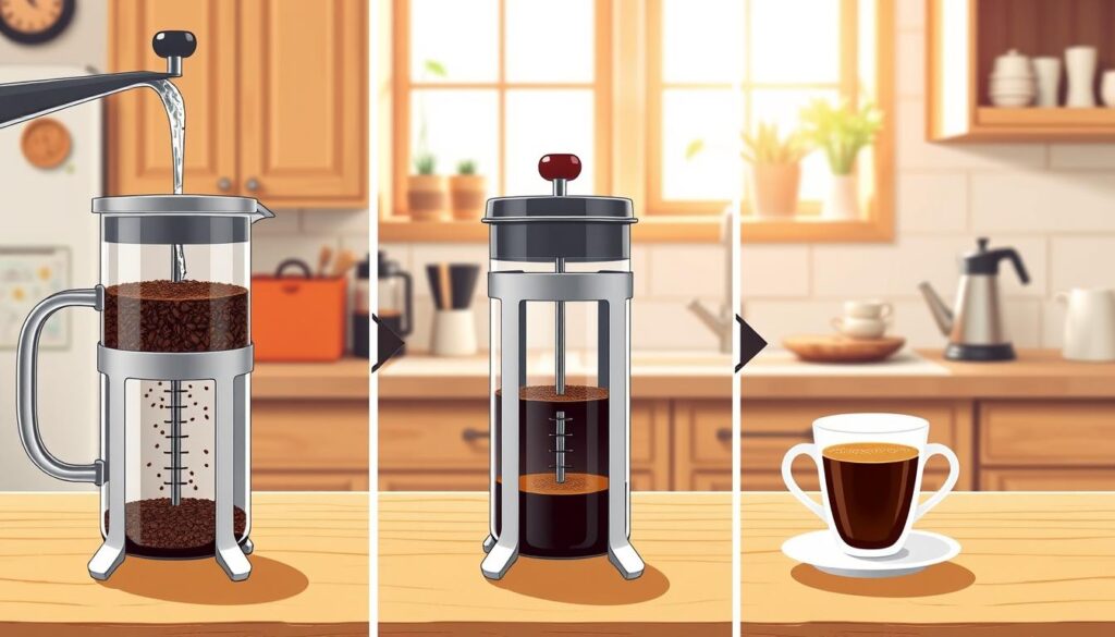 A step-by-step illustration of the French press coffee brewing process, effectively arranged in layers. In the foreground, display an elegant French press with coarsely ground coffee and hot water being poured in. In the middle, show individual steps such as steeping the coffee, pressing the plunger down, and pouring the brewed coffee into a cup. In the background, create a cozy kitchen setting with warm, natural lighting filtering through a window, featuring wooden cabinets and coffee accessories. Use a slightly overhead angle to capture the entire setup, evoking a comforting and inviting atmosphere, perfect for coffee enthusiasts. A step-by-step illustration of the French press coffee brewing process, effectively arranged in layers. In the foreground, display an elegant French press with coarsely ground coffee and hot water being poured in. In the middle, show individual steps such as steeping the coffee, pressing the plunger down, and pouring the brewed coffee into a cup. In the background, create a cozy kitchen setting with warm, natural lighting filtering through a window, featuring wooden cabinets and coffee accessories. Use a slightly overhead angle to capture the entire setup, evoking a comforting and inviting atmosphere, perfect for coffee enthusiasts.