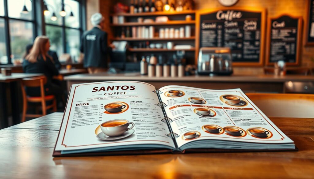A stylish and modern coffee menu layout for "Santos Coffee," elegantly displayed on a wooden table with a warm, inviting ambiance. In the foreground, an open menu featuring an array of coffee beverages, each item clearly marked with real-time prices. The menu design showcases vivid images of steaming coffee cups, alongside descriptions of unique blends and specialty drinks, inviting the viewer to explore. In the middle ground, a softly focused coffee shop scene with customers enjoying their drinks, creating a friendly yet professional atmosphere. The background contains a cozy coffee bar with rich wooden elements and a chalkboard highlighting daily specials, illuminated by soft, warm lighting. Capture this scene from a slightly elevated angle to provide depth and inviting warmth, evoking a sense of comfort and community.