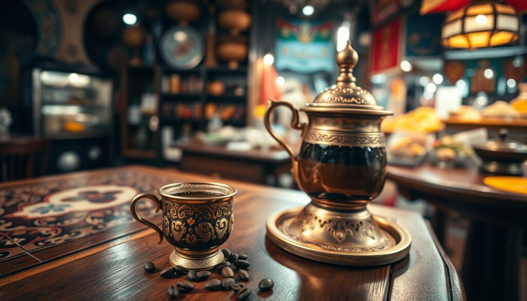 A traditional Turkish coffee setup featuring a beautifully crafted brass cezve pot filled with dark, aromatic coffee, sitting on an intricately designed wooden table. In the foreground, a small, ornate cup displays the rich, frothy coffee, surrounded by a sprinkle of ground coffee beans. The middle ground includes a warm, inviting backdrop of a Turkish coffee shop, with colorful tile motifs and ambient lighting casting soft shadows. In the background, a glimpse of an authentic Turkish bazaar can be seen, filled with vibrant textiles and spices, enhancing the cultural context. The mood is cozy and warm, evoking a sense of history and ritual in enjoying this timeless beverage. The scene is illuminated by soft, golden light, giving it a nostalgic atmosphere, captured from a slightly elevated angle for depth.