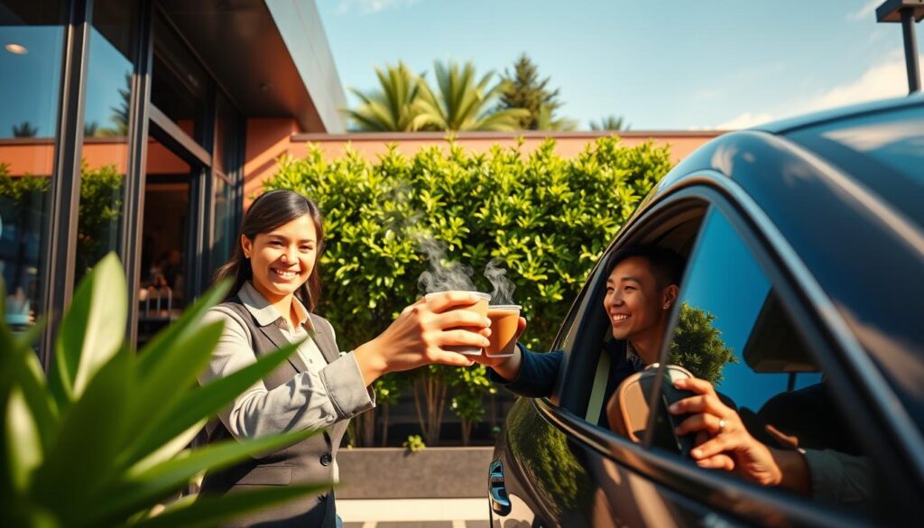 A vibrant drive-thru coffee scene featuring a stylishly designed café exterior with large windows showcasing a bustling interior. In the foreground, cheerful baristas in smart, casual attire hand over cups of steaming fine coffee Monmouth to satisfied customers at their car window. The middle layer captures the green, lush outdoor plants framing the café, while a sunny blue sky enhances the inviting atmosphere. Warm, soft lighting reflects the joy and friendly service of the café environment. The angle is a dynamic side view, emphasizing the interaction between staff and customers, creating a sense of community and quick service ideal for the drive-thru experience. The overall mood is lively, welcoming, and cozy, perfect for coffee enthusiasts.