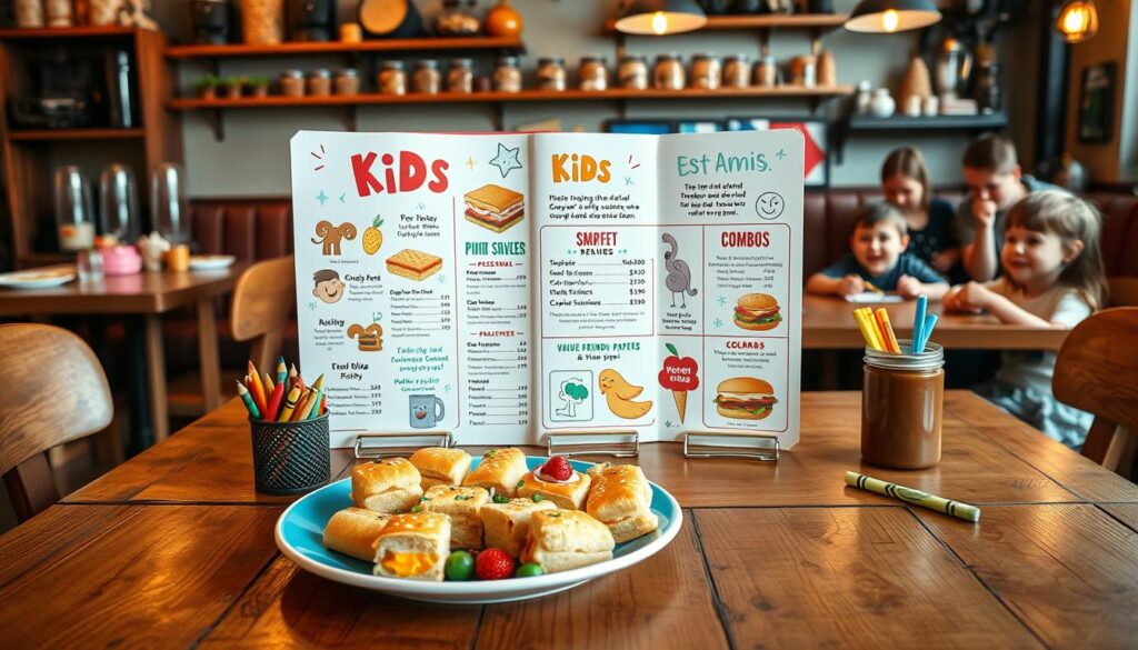 A vibrant kids menu displayed on a charming wooden table at a cozy café, featuring colorful illustrations of fun meals and seasonal specials. The foreground features a plate of playful, kid-friendly food items like mini sliders, fruit skewers, and fun-shaped sandwiches, appealing to young diners. In the middle ground, designed menus with whimsical graphics showcase prices, seasonal items, and value-friendly combos, surrounded by cheerful decorations like crayons and coloring paper. The background consists of warm café ambiance with soft lighting, rustic shelves filled with coffee bean jars, and happy children sitting at the tables with their parents. The overall atmosphere is joyful and inviting, capturing the essence of a family-friendly dining experience.