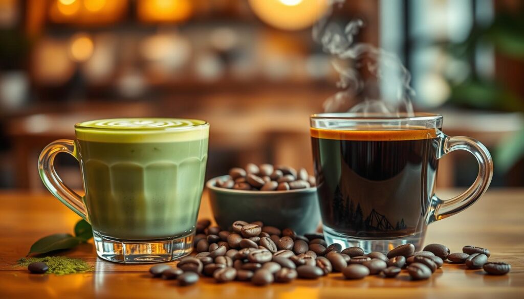 A visually engaging composition contrasting caffeine sources, featuring a vibrant green matcha latte in the foreground and a steaming cup of coffee beside it. The matcha latte, adorned with intricate latte art, showcases its vivid green color, while the coffee is rich and dark, representing its robust flavor. In the middle ground, a subtle display of caffeine-related items, such as matcha powder and coffee beans, hint at their origins. In the background, a cozy café setting with warm, ambient lighting creates a relaxed atmosphere. The scene is illuminated softly, highlighting the textures of the drinks and evoking a sense of energy and calm, perfect for discussing their caffeine content. Use a soft focus lens to emphasize warmth and detail, creating an inviting and informative visual experience. A visually engaging composition contrasting caffeine sources, featuring a vibrant green matcha latte in the foreground and a steaming cup of coffee beside it. The matcha latte, adorned with intricate latte art, showcases its vivid green color, while the coffee is rich and dark, representing its robust flavor. In the middle ground, a subtle display of caffeine-related items, such as matcha powder and coffee beans, hint at their origins. In the background, a cozy café setting with warm, ambient lighting creates a relaxed atmosphere. The scene is illuminated softly, highlighting the textures of the drinks and evoking a sense of energy and calm, perfect for discussing their caffeine content. Use a soft focus lens to emphasize warmth and detail, creating an inviting and informative visual experience.