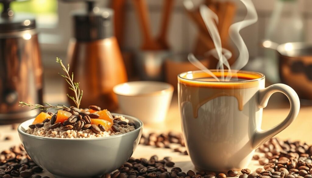 A visually engaging illustration focused on soluble fiber in coffee, emphasizing details such as ground coffee beans and a steaming cup of coffee. In the foreground, display a bowl of oatmeal topped with sprigs of chia seeds and pieces of fruit, representing soluble fiber sources. The middle ground features an elegantly poured cup of rich coffee with swirls of cream blending into it, highlighting the idea of soluble fiber integration. In the background, softly blurred kitchen elements, like a coffee grinder and measuring cups, create a cozy atmosphere. The lighting is warm and inviting, simulating natural sunlight, capturing the essence of a comforting breakfast scene. Use a shallow depth of field for an artistic touch, focusing on the fiber-rich elements.