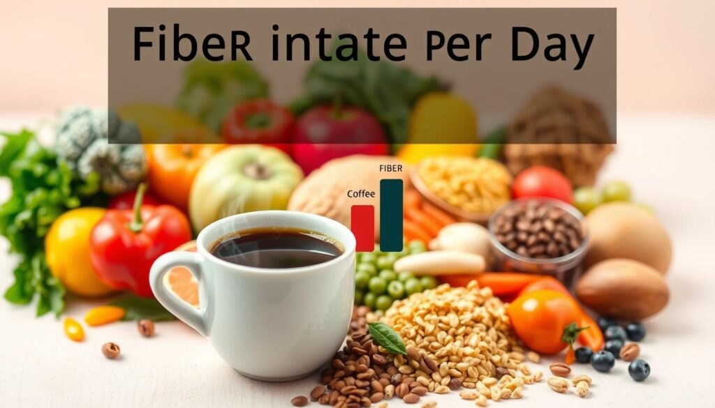A visually engaging infographic depicting fiber intake per day, featuring a variety of healthy foods rich in fiber, such as fruits, vegetables, legumes, and whole grains. In the foreground, showcase a cup of coffee, with steam rising, placed beside a colorful assortment of fiber-rich foods. In the middle, include a bar graph comparing fiber content, discreetly placing coffee to highlight its small contribution. The background should be a soft pastel gradient, creating a warm and inviting atmosphere. Utilize natural lighting to enhance the vibrancy of the foods, and frame the image with a slight downward angle for a dynamic perspective. Aim for a clean, informative aesthetic to clearly illustrate the role of coffee in daily fiber intake.