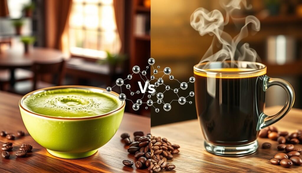A visually engaging split-image composition illustrating the caffeine levels in matcha versus coffee. In the foreground, a vibrant matcha tea bowl with a rich green hue, exhibiting delicate froth on top, juxtaposed with a steaming, dark cup of coffee. In the middle, an intricate graphic representation of caffeine molecules, swirling between the two drinks, symbolizing the differences in caffeine extraction methods. The background features a warm café setting, softly lit with natural light streaming through a window, creating an inviting and cozy atmosphere. Subtle hints of tea leaves and coffee beans blend into the backdrop, illustrating the sources of both beverages. The image evokes curiosity and a sense of exploration regarding caffeine levels. A visually engaging split-image composition illustrating the caffeine levels in matcha versus coffee. In the foreground, a vibrant matcha tea bowl with a rich green hue, exhibiting delicate froth on top, juxtaposed with a steaming, dark cup of coffee. In the middle, an intricate graphic representation of caffeine molecules, swirling between the two drinks, symbolizing the differences in caffeine extraction methods. The background features a warm café setting, softly lit with natural light streaming through a window, creating an inviting and cozy atmosphere. Subtle hints of tea leaves and coffee beans blend into the backdrop, illustrating the sources of both beverages. The image evokes curiosity and a sense of exploration regarding caffeine levels.