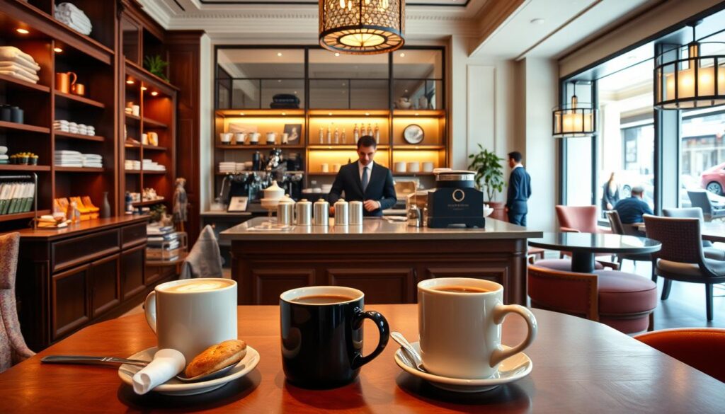 a cozy and elegant Ralph's Coffee experience inside the Ralph Lauren store on Michigan Ave, Chicago. In the foreground, a beautifully set wooden table with steaming mugs of coffee, accompanied by decadent pastries and elegant napkins. In the middle, a barista in professional attire skillfully preparing coffee drinks, surrounded by polished wooden shelves lined with coffee accessories and Ralph Lauren brand merchandise. The background features stylishly designed store interiors with soft, warm lighting, showcasing rich colors and textures reminiscent of Ralph Lauren's classic aesthetic. The atmosphere is inviting and sophisticated, evoking a sense of luxury and comfort, captured with a slightly blurred depth of field to accentuate the coffee experience. Soft, natural light filters in from large, elegant windows, enhancing the overall warmth and charm of the scene.